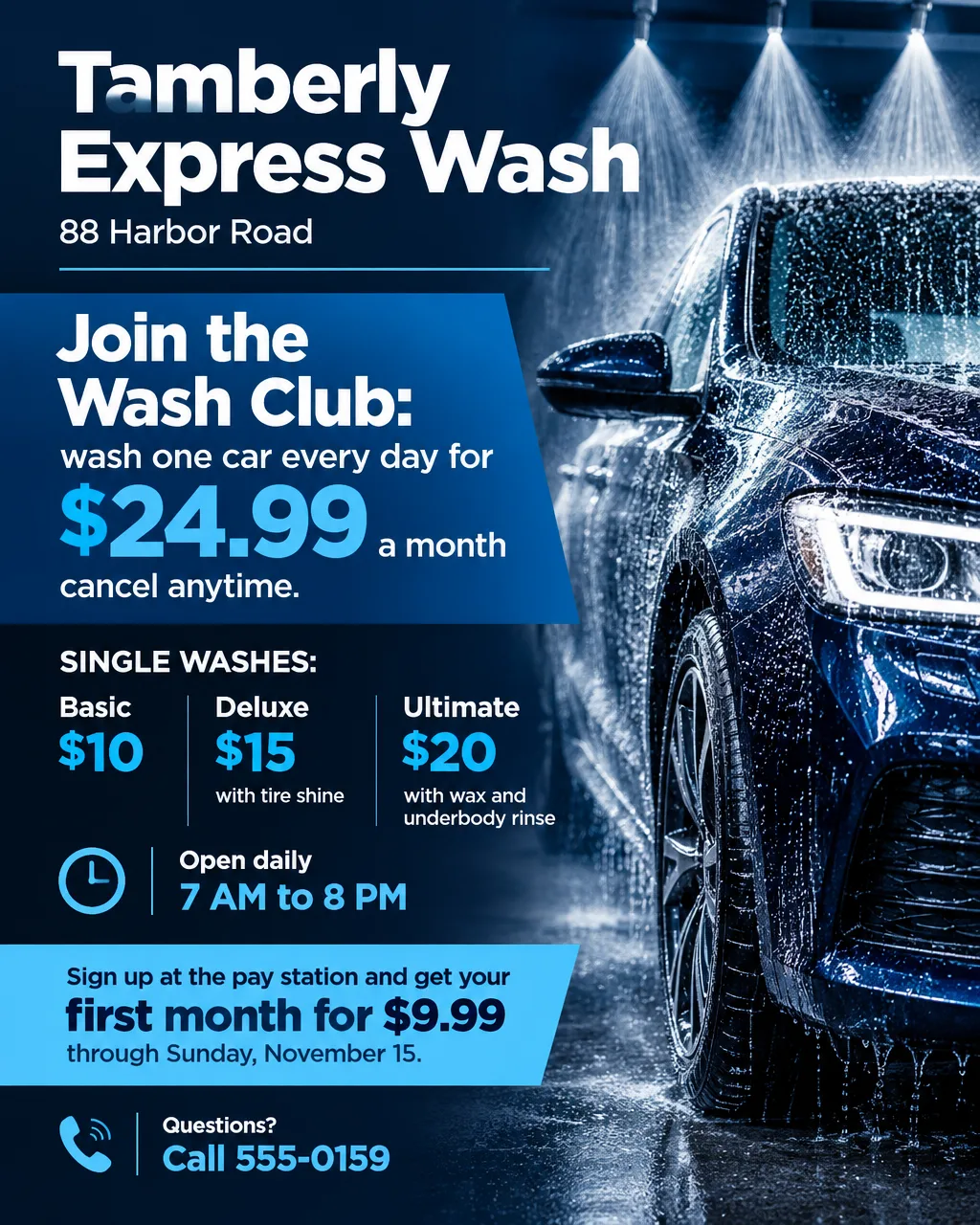 Dark blue car wash membership flyer with three wash packages, a $24.99 monthly club price and a first-month offer