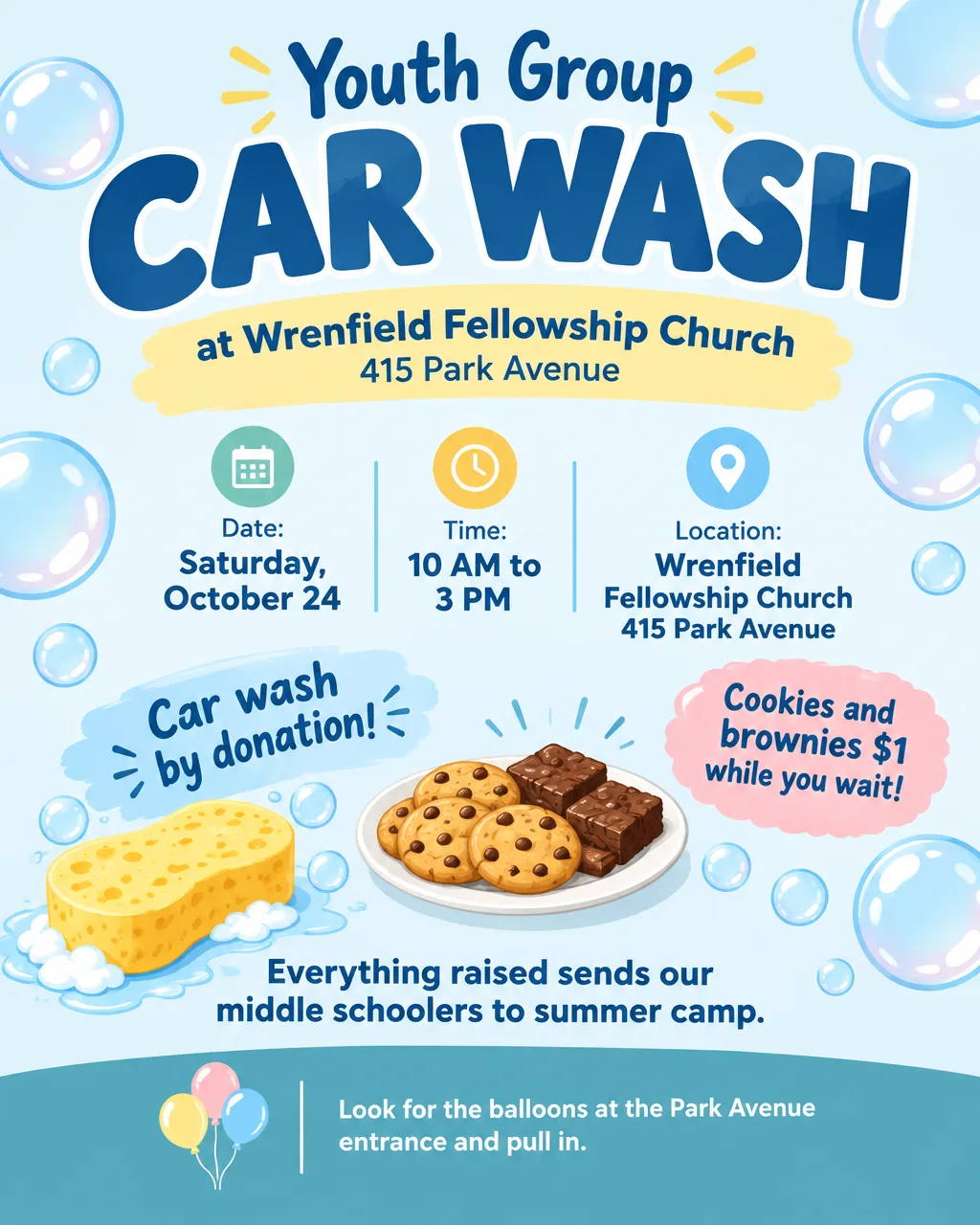 Pastel church youth group car wash flyer, by donation, with cookies and brownies for $1 and the date Saturday, October 24