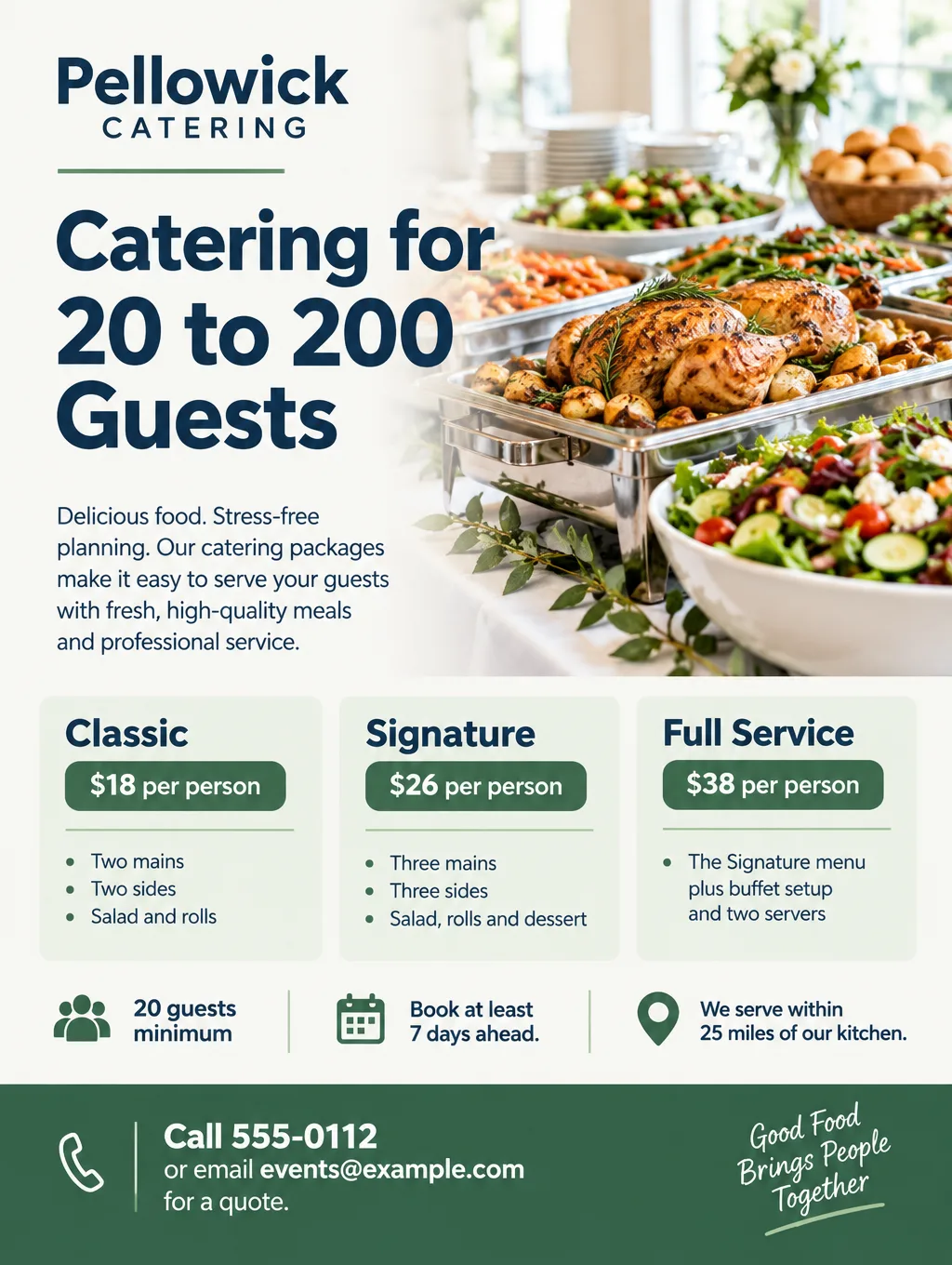 Catering flyer with three package tiers at $18, $26 and $38 per person beside a photo of a buffet table