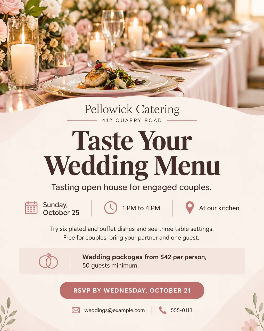 Wedding catering tasting open house flyer with plated dinners and candles, Sunday, October 25, 1 PM to 4 PM