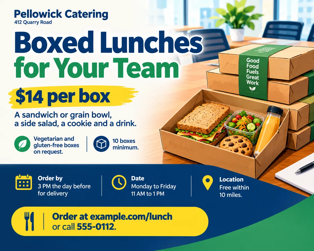 Office boxed lunch catering flyer with illustrated lunch boxes on a conference table, $14 per box, 10 boxes minimum