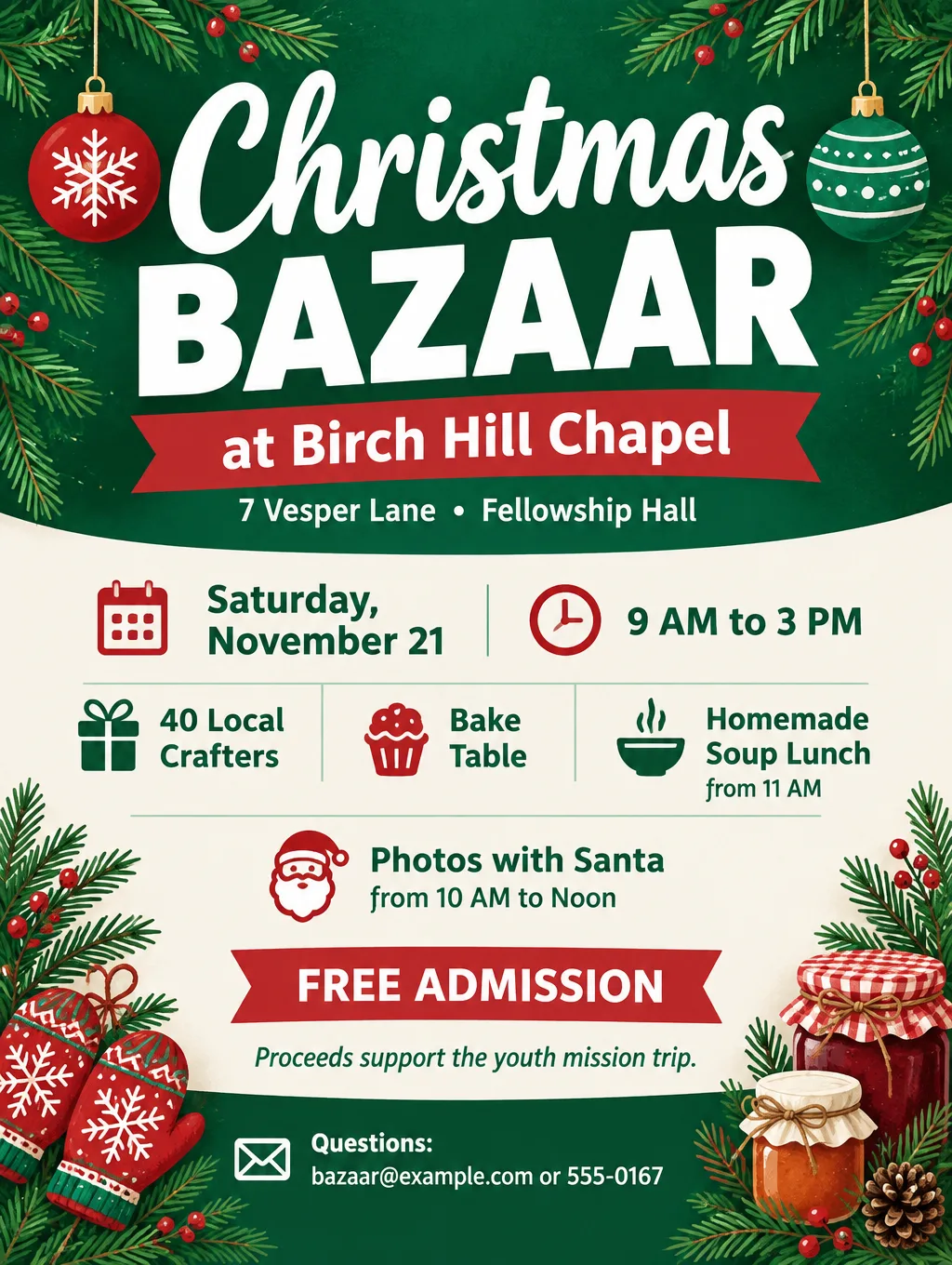 Red and green church Christmas bazaar flyer with illustrated ornaments, knit mittens and jars of jam, dated Saturday, November 21