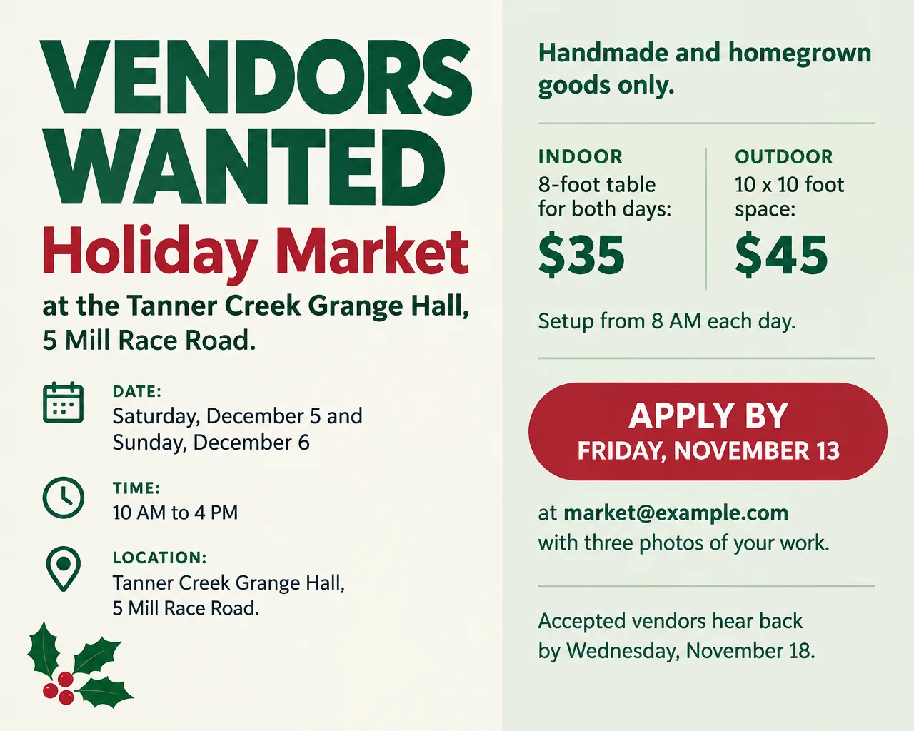 Wide vendor-call flyer for a holiday market with booth prices, market dates December 5 and 6, and an apply-by date