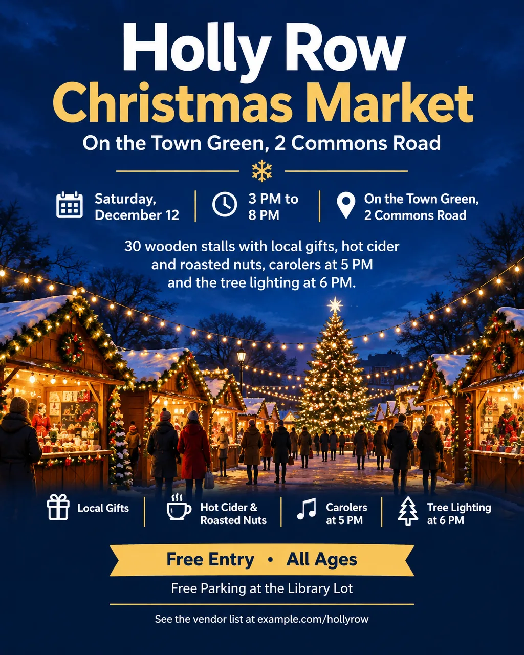 Evening outdoor Christmas market flyer with string lights over wooden stalls, a carolers line and the date December 12