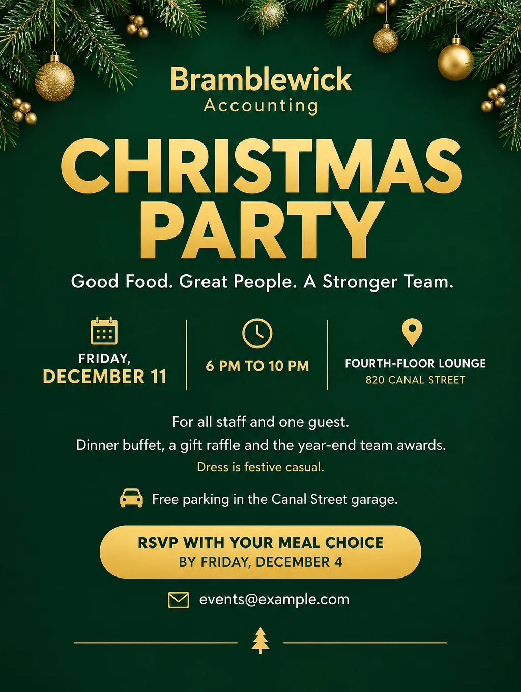 Office Christmas party flyer in deep green and gold with pine branches, the date Friday, December 11, and an RSVP line