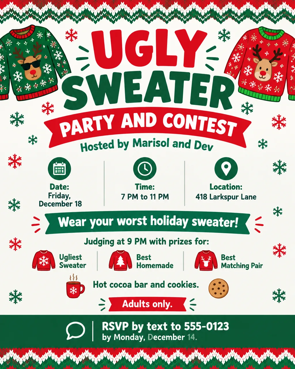 Ugly sweater party flyer with a knit zigzag border, cartoon sweaters and three contest prize categories