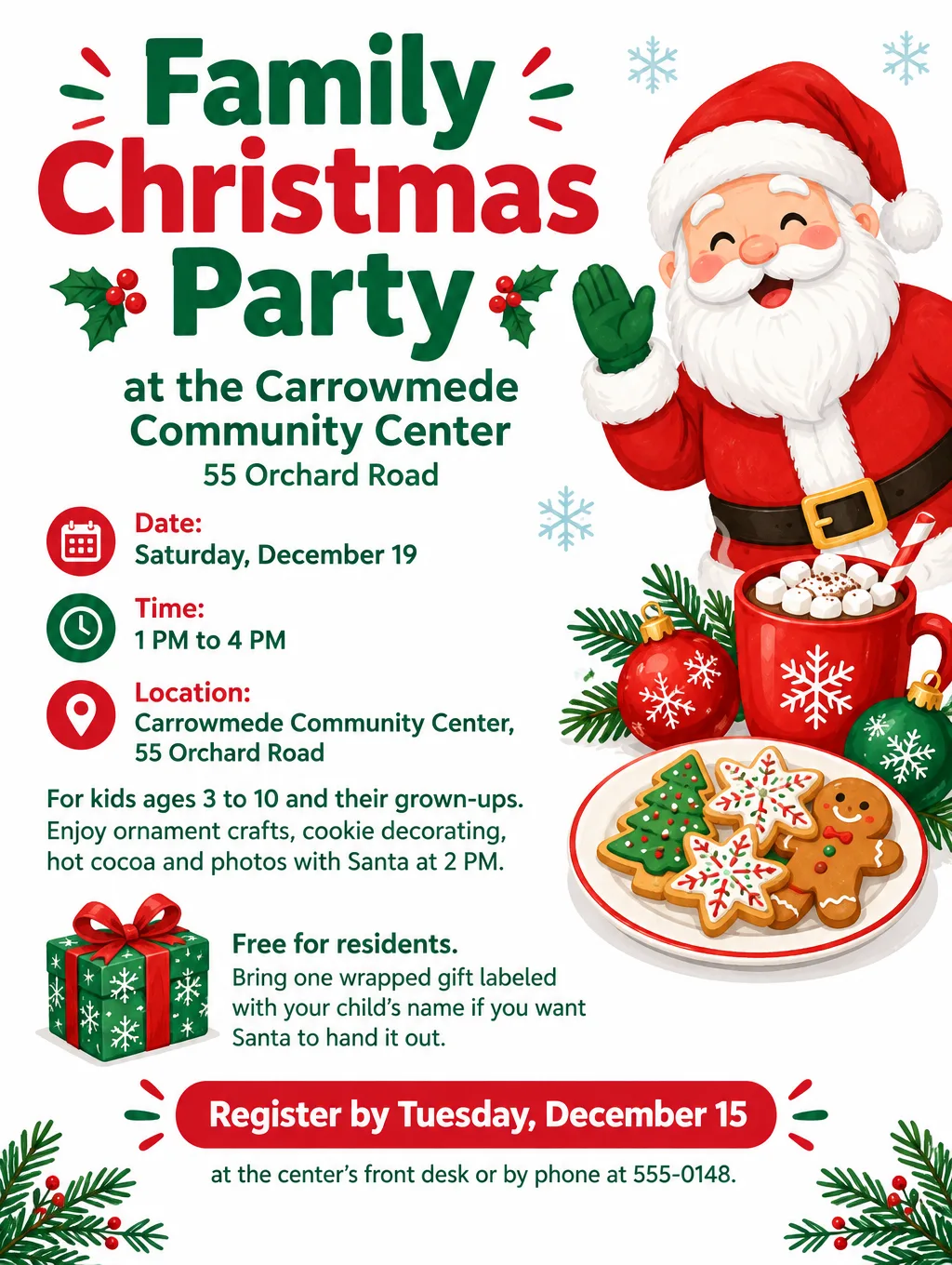 Family Christmas party flyer with cartoon cookies, ornaments and Santa, listing crafts, cocoa and a 2 PM photo time