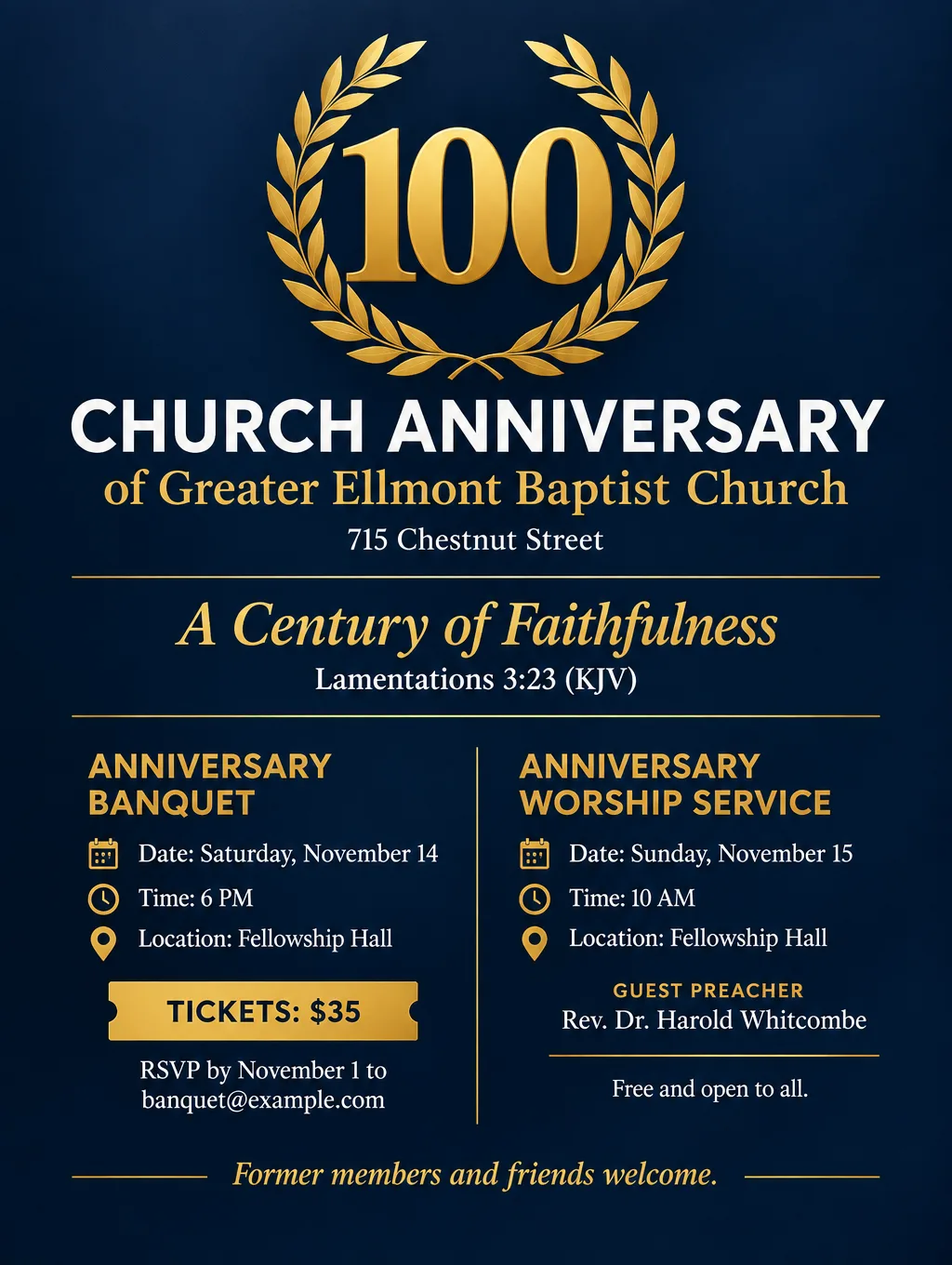 100th church anniversary flyer in navy and gold with a large gold 100 in a laurel wreath, banquet and Sunday service times