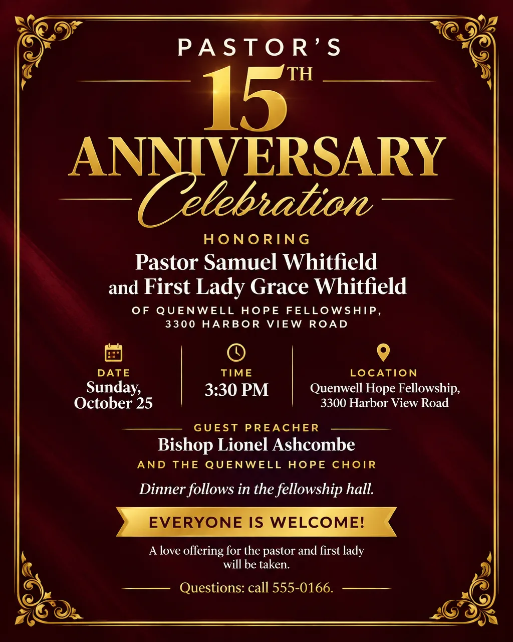 Pastor anniversary flyer in burgundy and gold honoring Pastor Samuel and First Lady Grace Whitfield, Sunday, October 25 at 3:30 PM