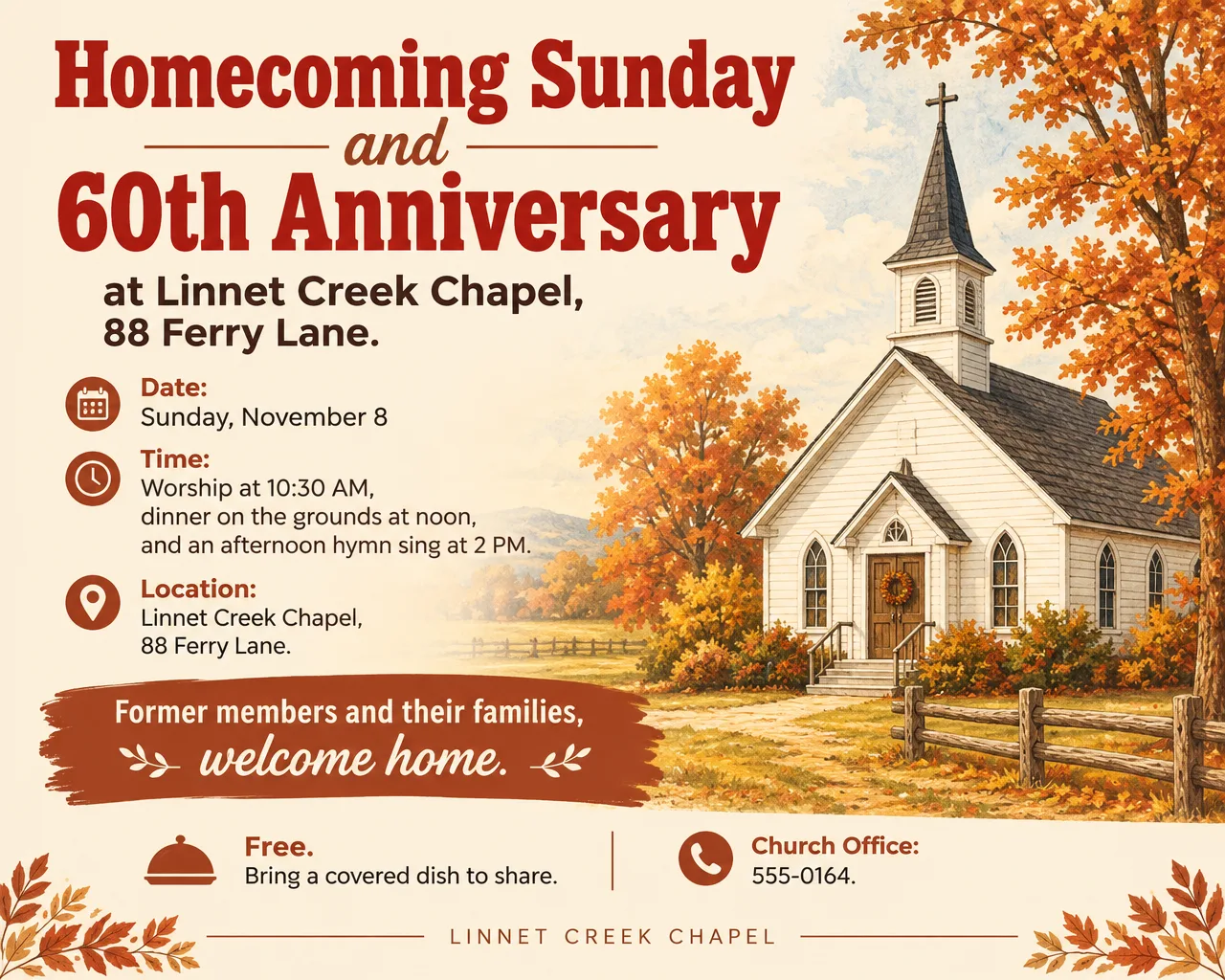 Homecoming and 60th anniversary flyer with a small white country church under autumn trees, Sunday, November 8