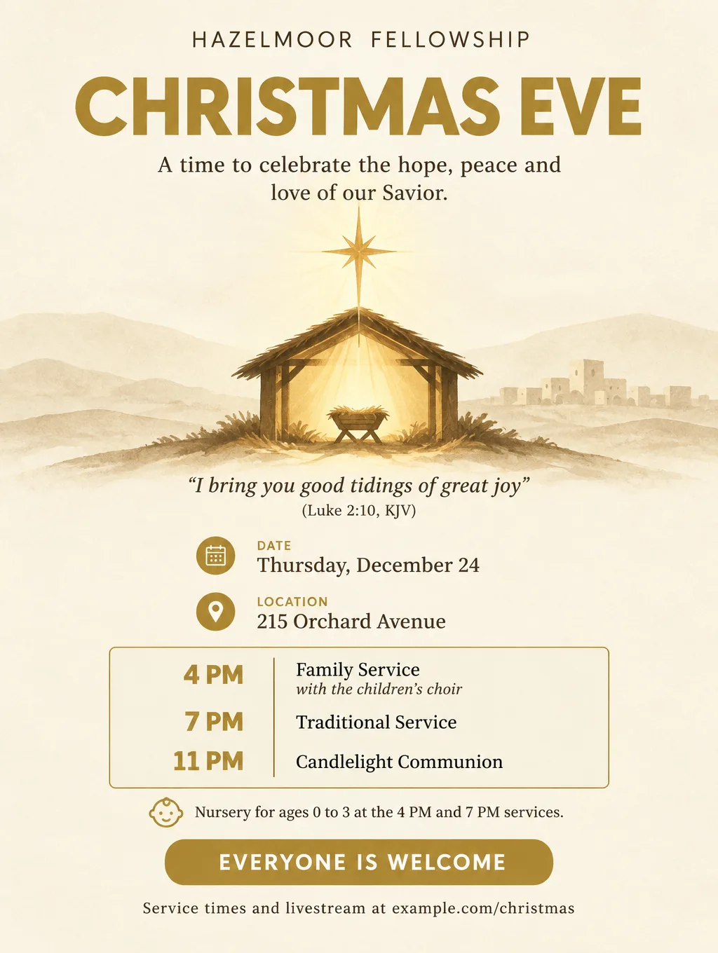 Christmas Eve church flyer in cream and gold with a star above a stable, listing 4 PM, 7 PM and 11 PM services