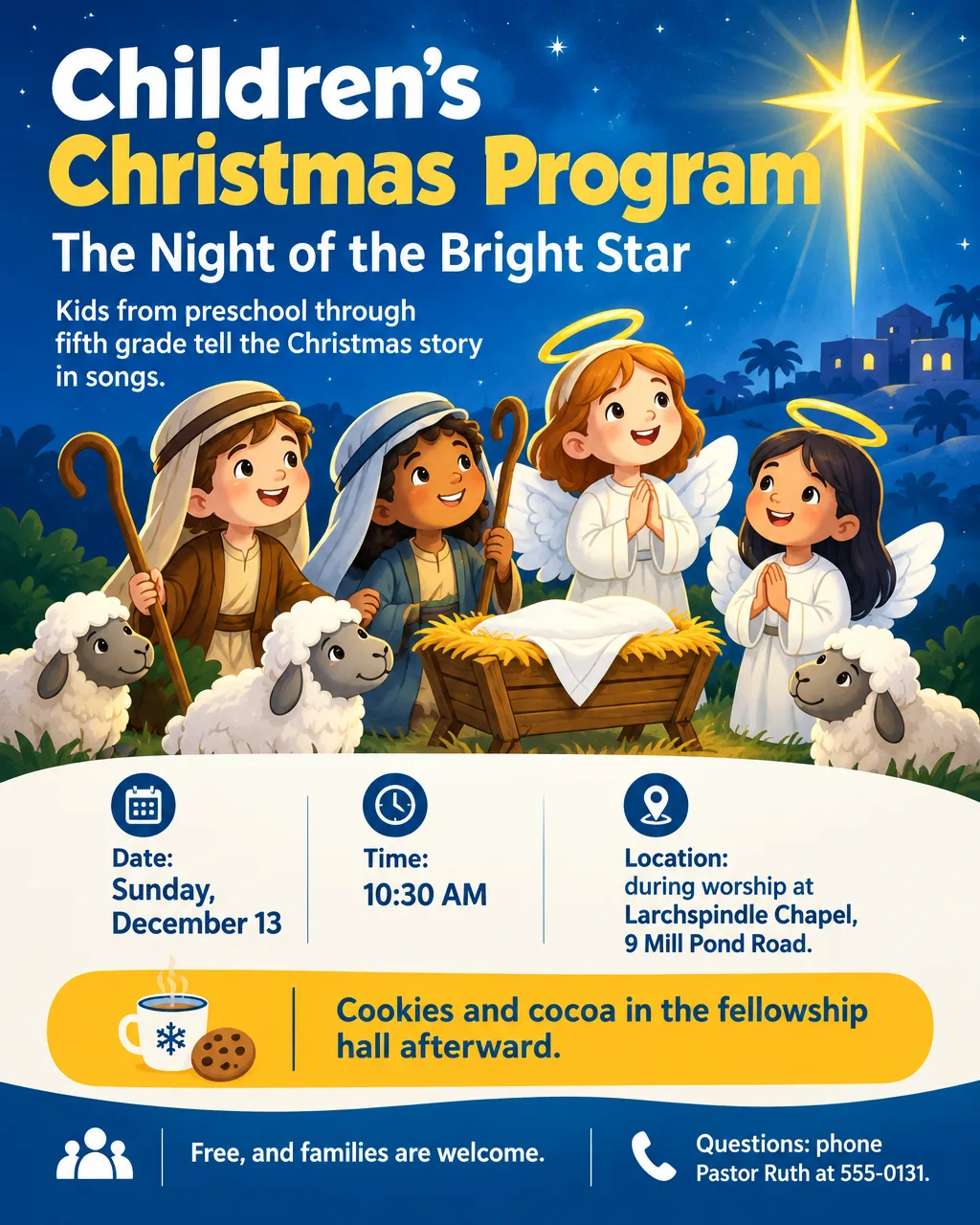 Children's Christmas program flyer with cartoon shepherds, sheep and a bright star, and the date Sunday, December 13