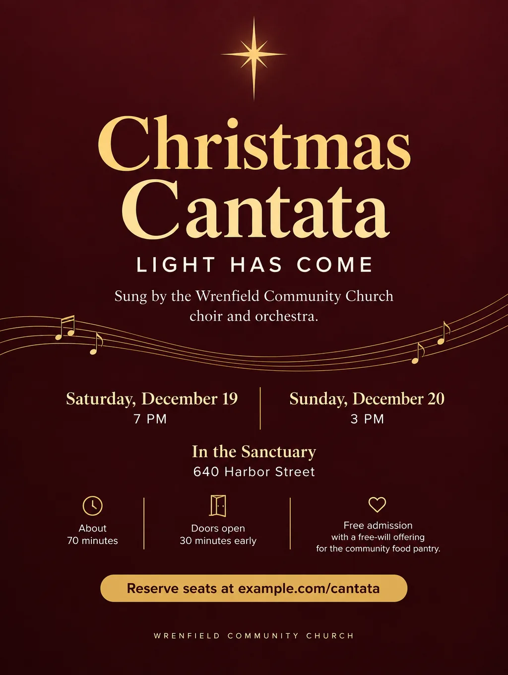 Christmas cantata flyer in deep burgundy and gold with thin music notes, two concert times and a free-will offering line