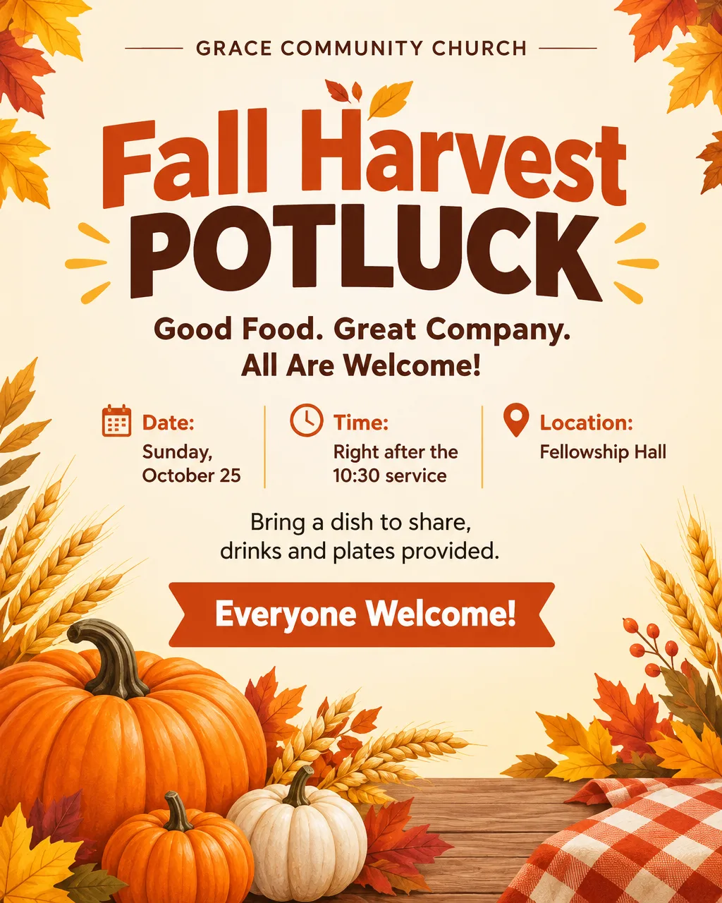 Fall harvest potluck flyer for a church, with autumn leaves, pumpkins and the event details