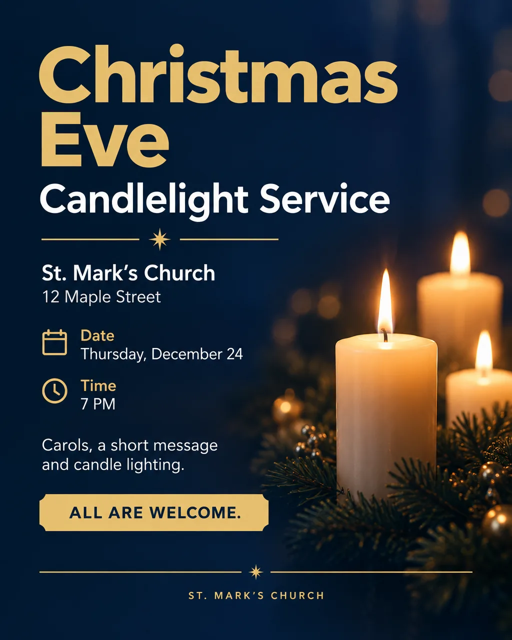Christmas Eve candlelight service flyer in navy and gold with a glowing candle