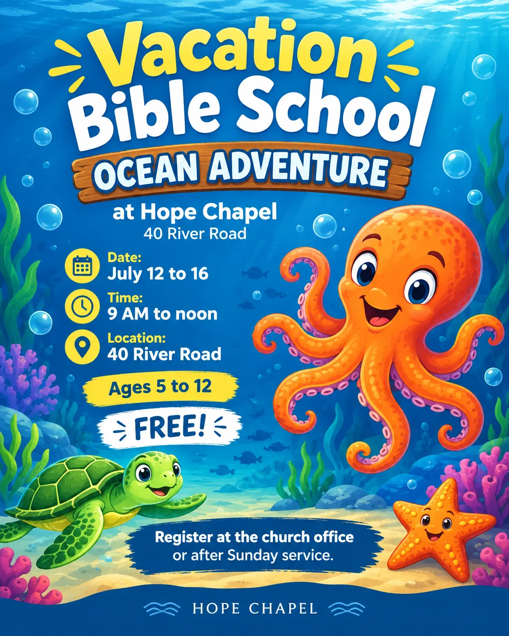 Vacation Bible School flyer with a bright ocean adventure theme for kids