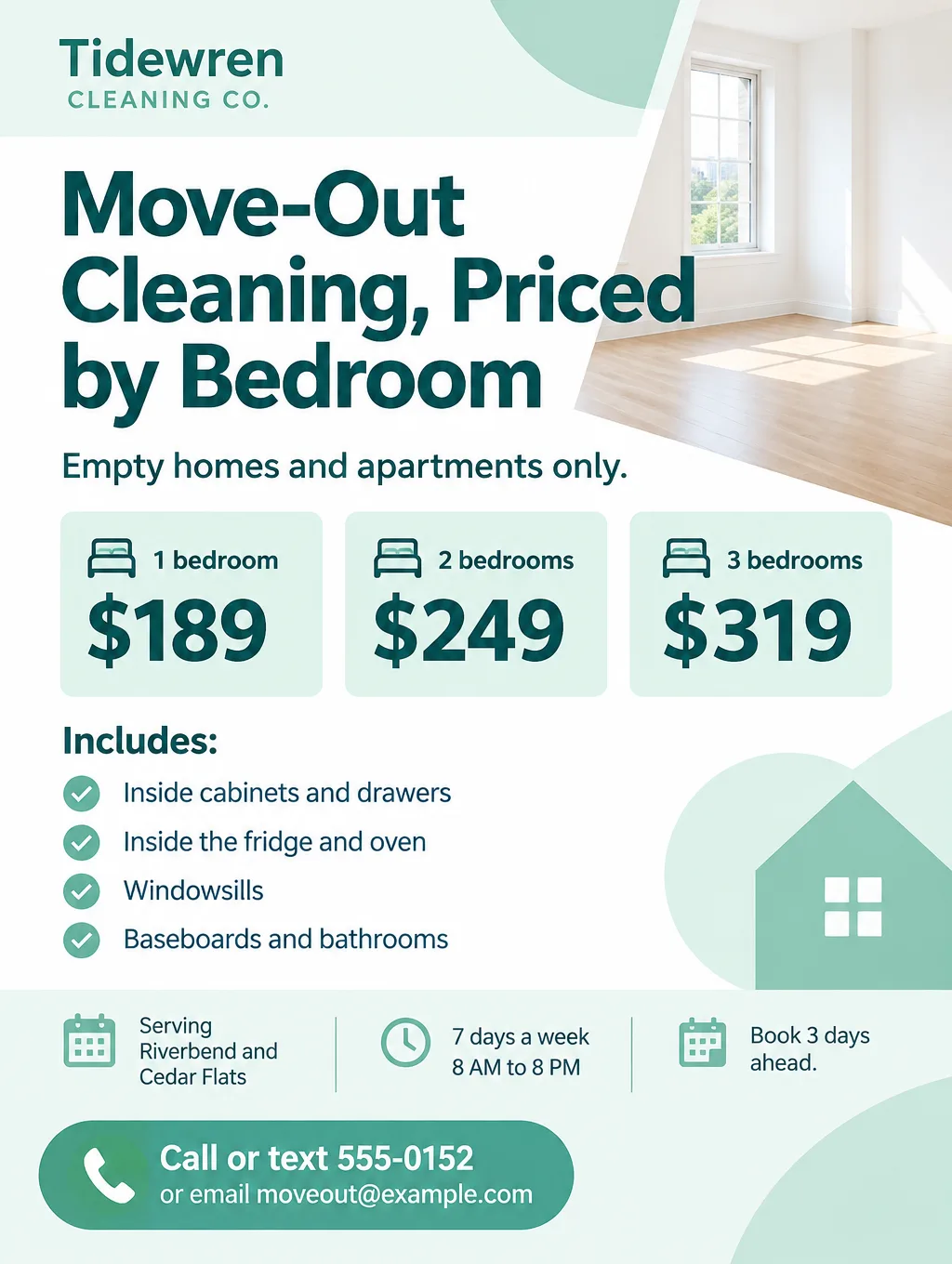 Move-out cleaning flyer with prices for 1, 2 and 3 bedroom homes and a list of what an empty-home clean includes
