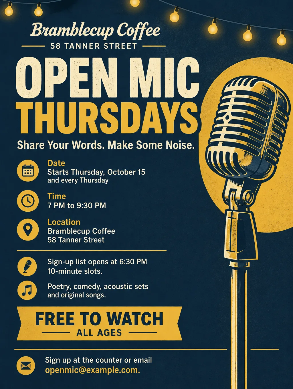 Open mic night poster for a coffee shop with an illustrated microphone and string lights, Thursdays at 7 PM