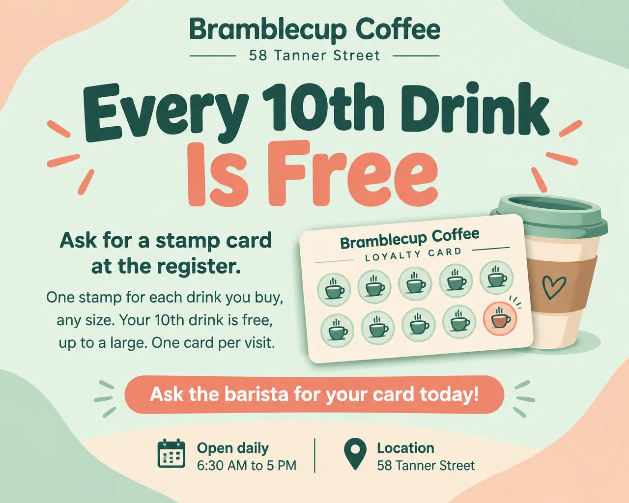 Coffee shop stamp card sign with an illustrated card and ten coffee cup stamps, every tenth drink free