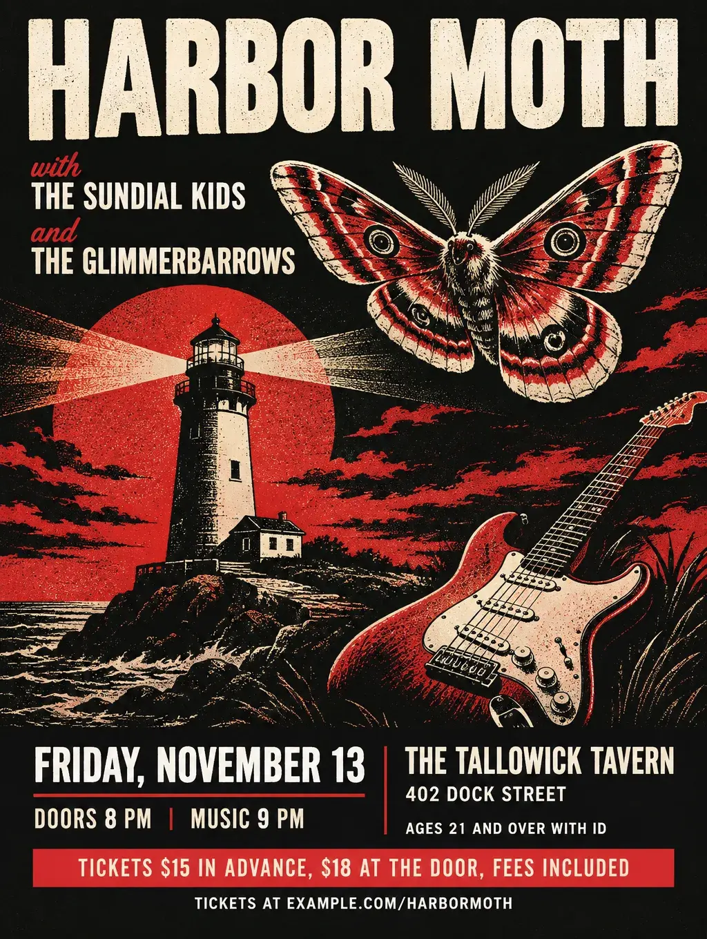 Retro screen-printed gig poster in red, cream and black with a moth over a lighthouse, Friday, November 13, doors 8 PM