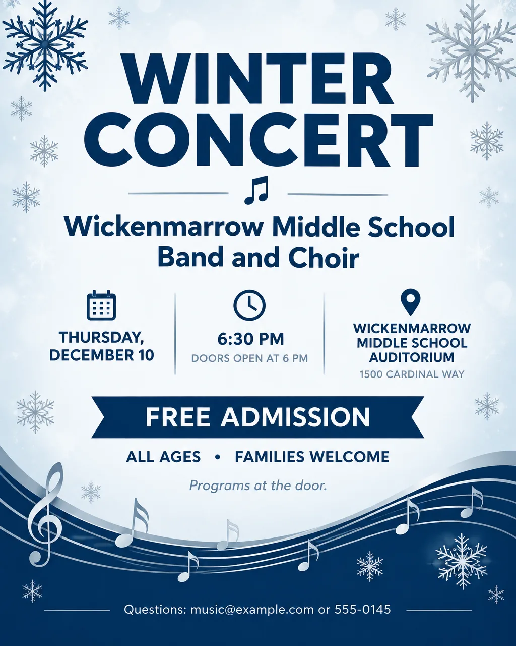 Navy and silver school winter concert flyer with snowflakes and music notes, Thursday, December 10, 6:30 PM, free