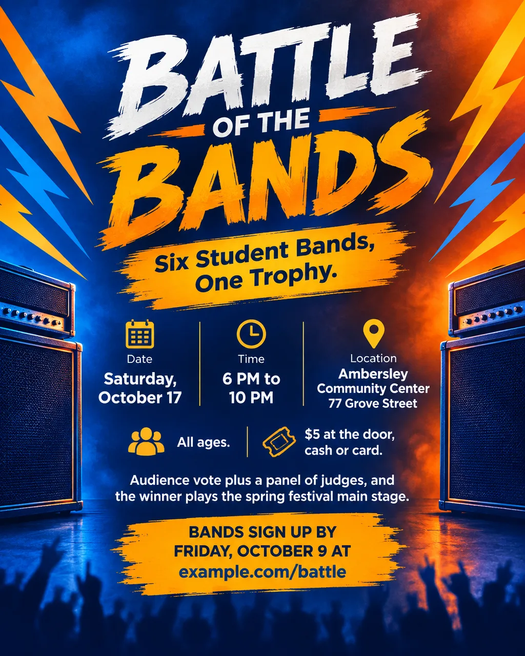 Electric blue and orange battle of the bands flyer with lightning and amplifiers, Saturday, October 17, all ages