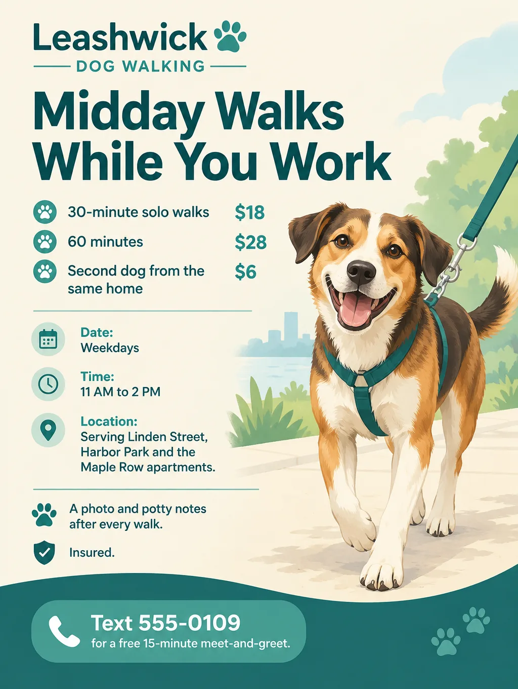 Dog walking flyer reading Midday Walks While You Work, $18 per 30-minute walk, with an illustrated dog on a leash