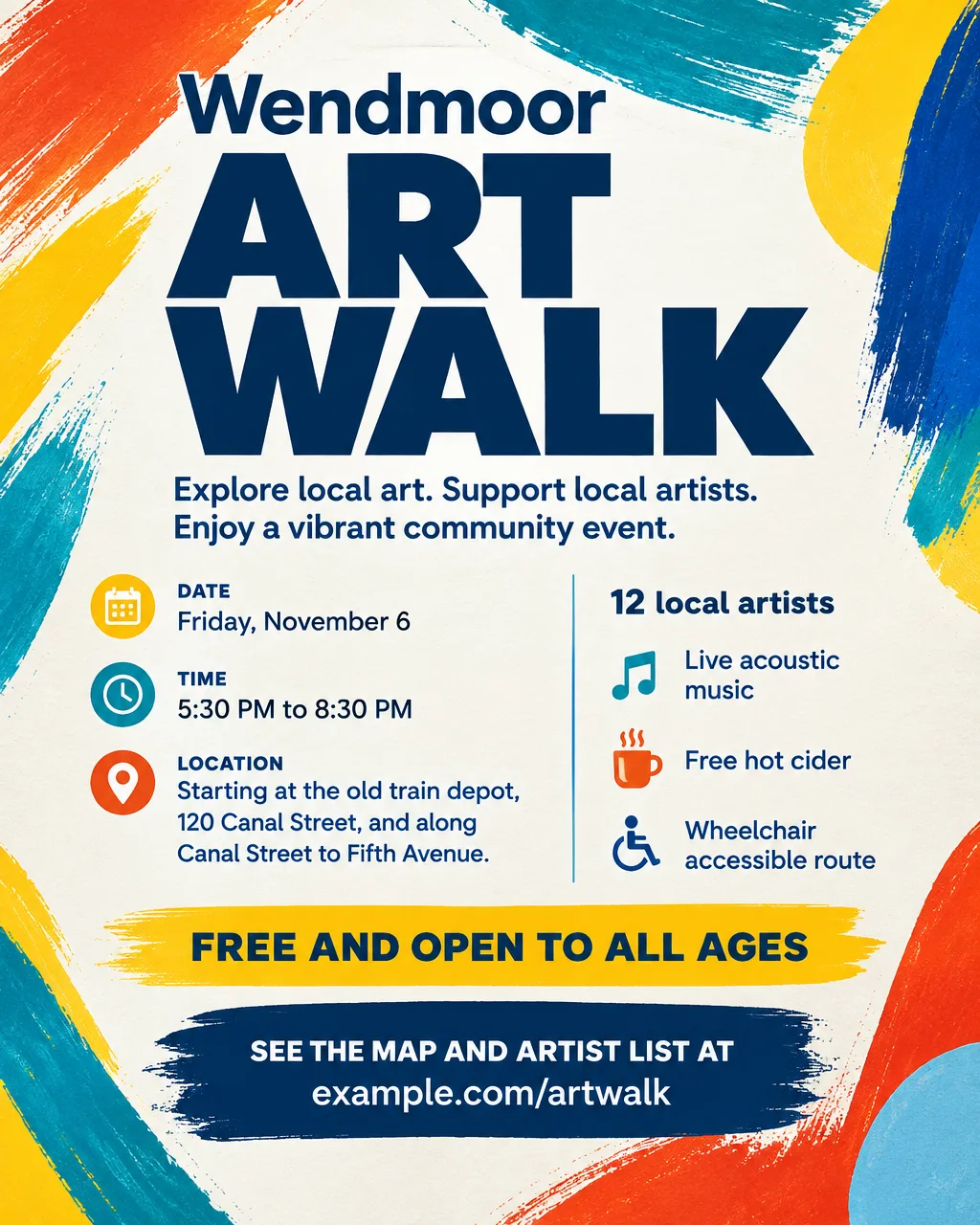 Colorful art walk flyer with abstract paint shapes, Wendmoor Art Walk, Friday, November 6, 5:30 PM to 8:30 PM, free