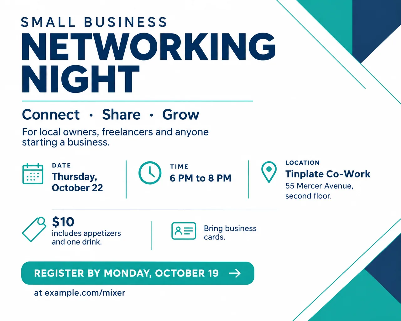 Wide networking night flyer in navy and white with geometric lines, Thursday, October 22, 6 PM to 8 PM