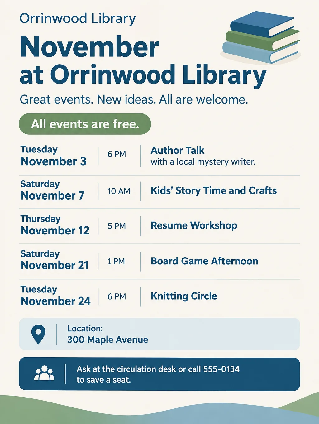 Library monthly events calendar flyer listing five November events with dates and times on a light background