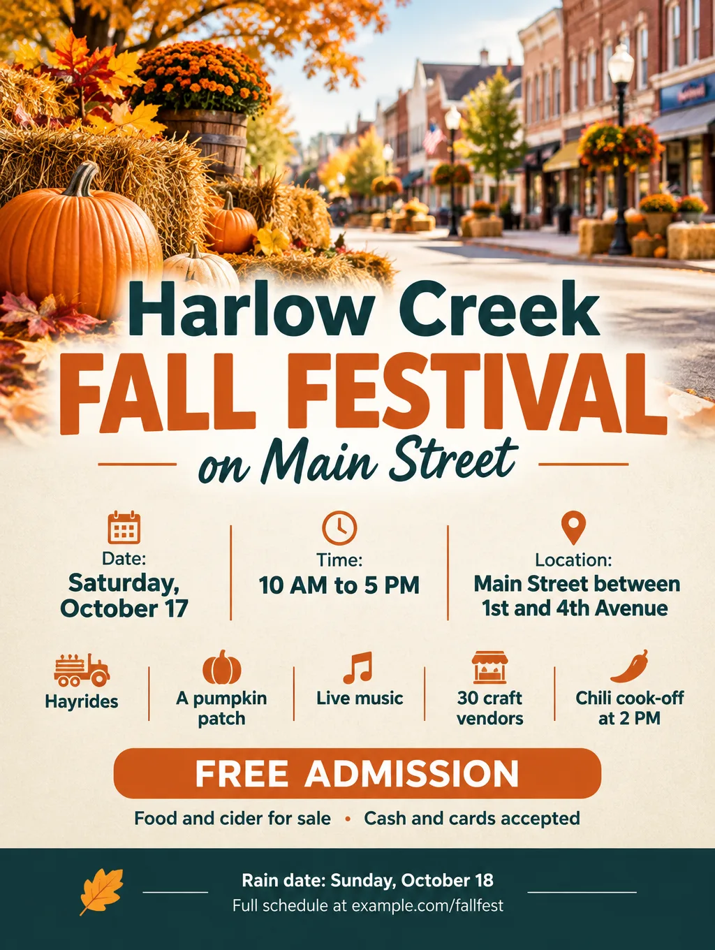 Town fall festival flyer with pumpkins and hay bales, listing hayrides, music, vendors and a chili cook-off on October 17