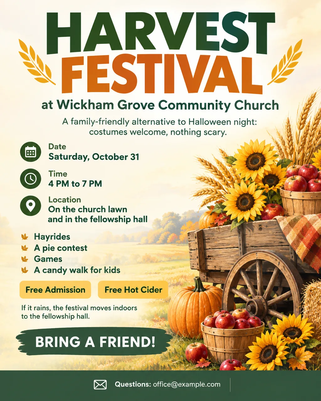 Church harvest festival flyer with wheat, apples and sunflowers on a cream background, Saturday, October 31, 4 to 7 PM