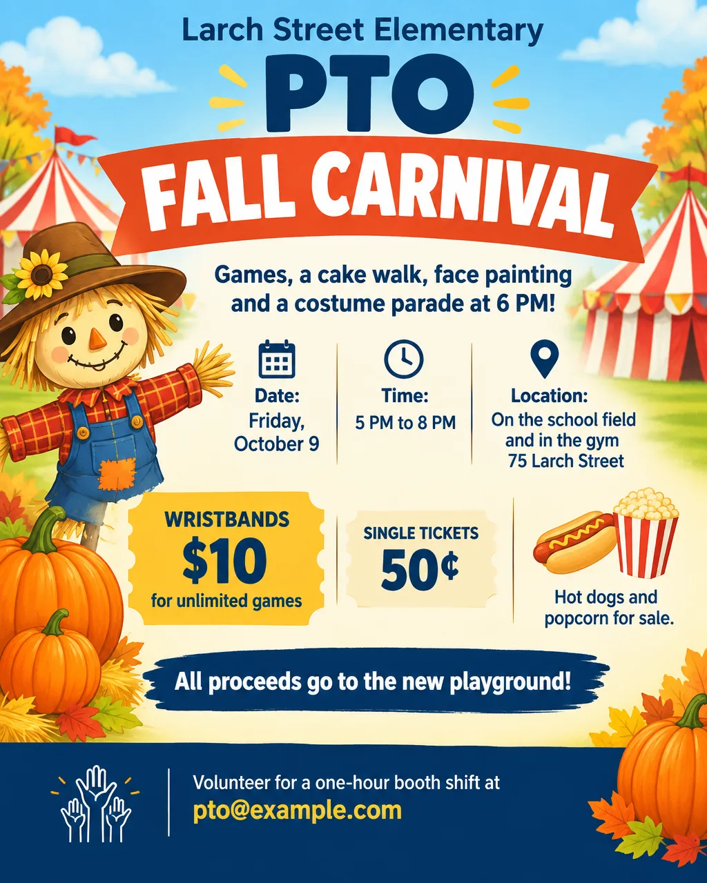 Bright school fall carnival flyer with a cartoon scarecrow and carnival tents, Friday, October 9, 5 to 8 PM, wristbands $10