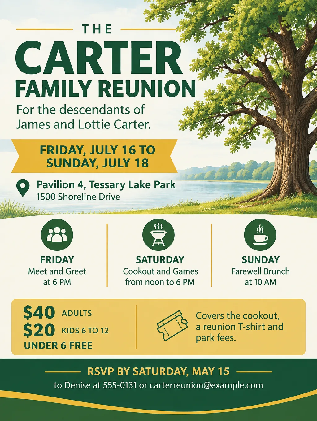 Green and gold Carter Family Reunion flyer with an illustrated oak tree by a lake, dates, prices and RSVP deadline
