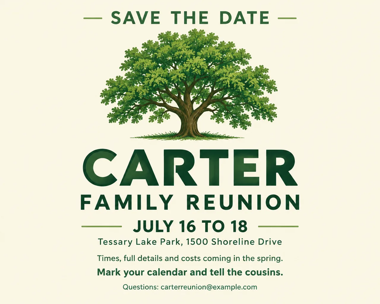 Wide cream save-the-date card for the Carter Family Reunion with a green oak tree and the dates July 16 to 18