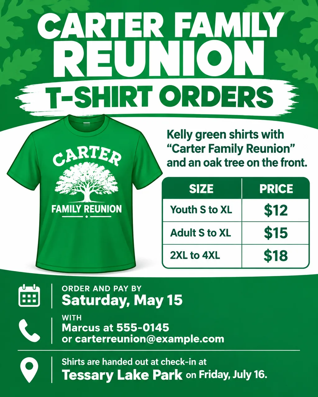 Bright green family reunion T-shirt order flyer with a size and price chart and an order deadline of Saturday, May 15