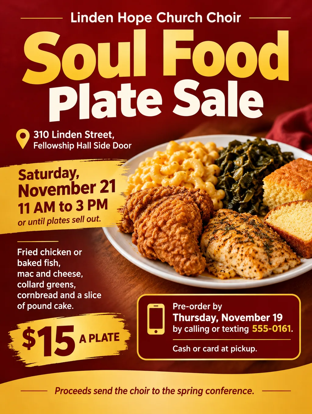 Red and gold church plate sale flyer with a photo of a fried chicken dinner plate, Soul Food Plate Sale, $15 a plate