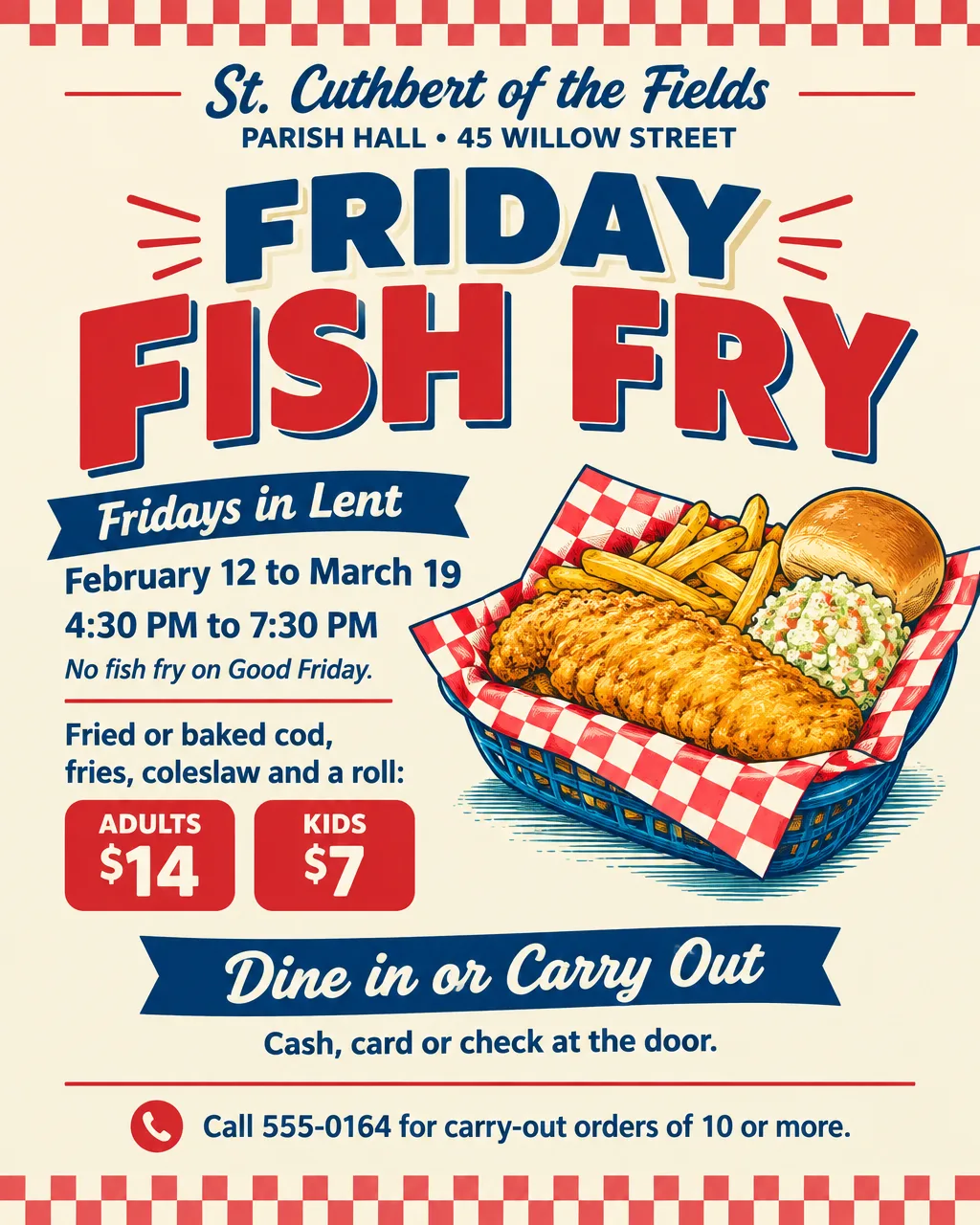 Retro diner style fish fry flyer with an illustrated fish and chips basket on checkered paper, Friday Fish Fry