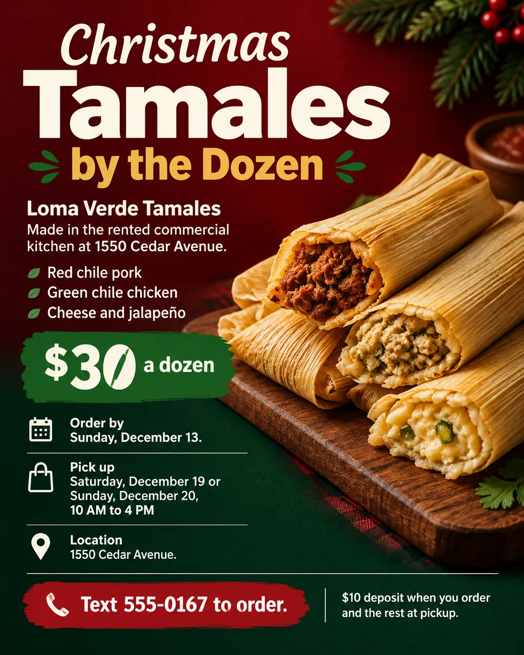Dark red and green holiday tamale pre-order flyer with a photo of tamales in corn husks, $30 a dozen, order by December 13