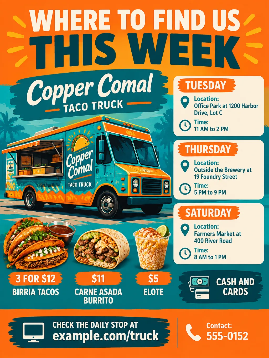 Orange and teal taco truck schedule flyer with an illustrated truck, three weekly stops and taco prices
