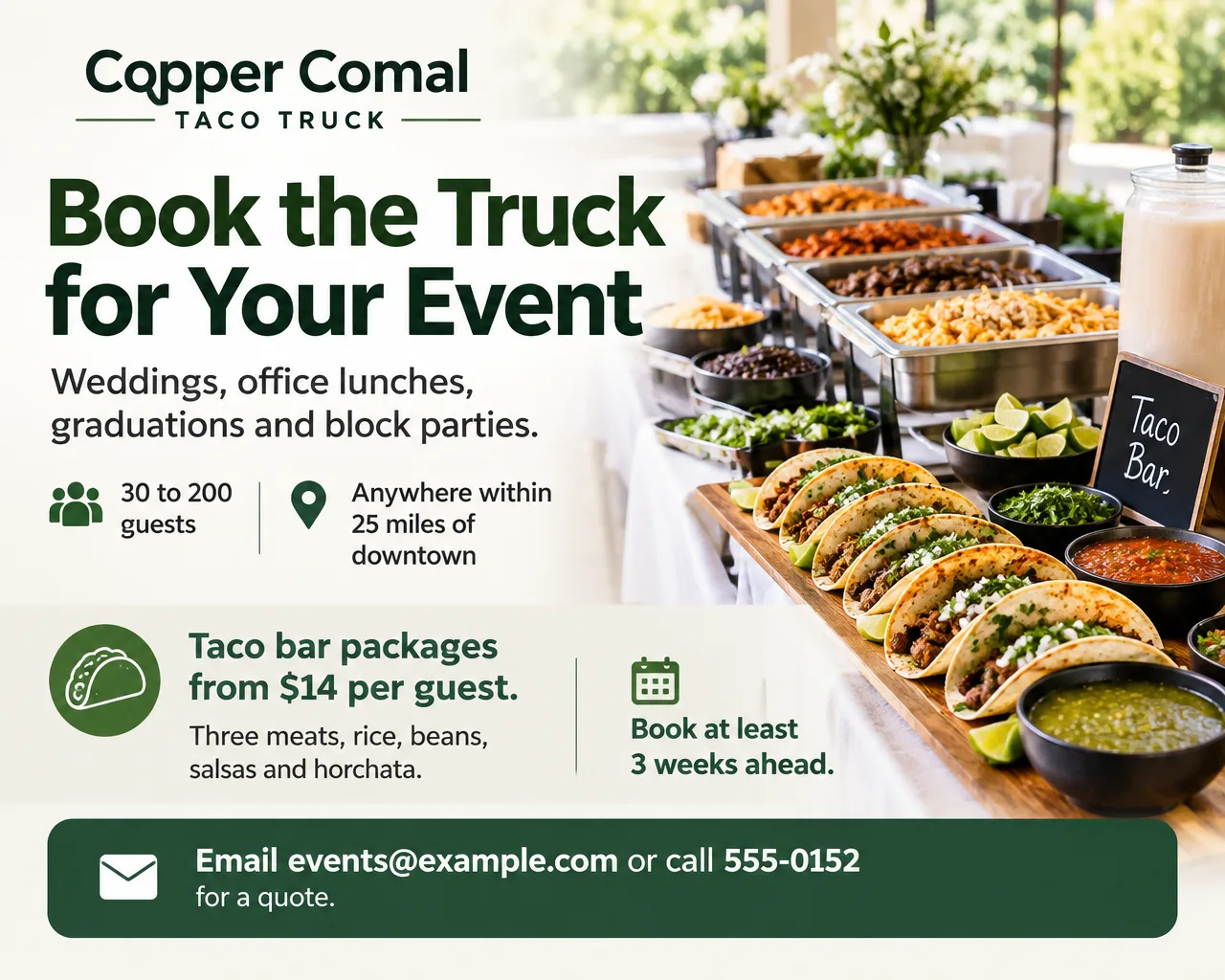 Light catering flyer with a photo of a taco bar spread on a long table, Book the Truck for Your Event, from $14 per guest
