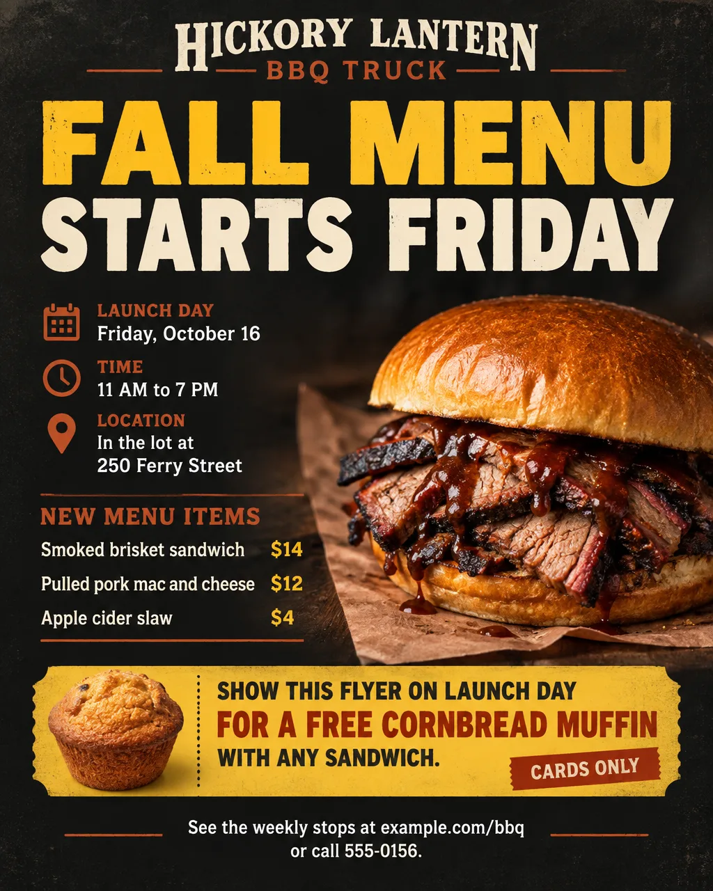 Dark retro BBQ truck flyer with a photo of a brisket sandwich, Fall Menu Starts Friday, October 16