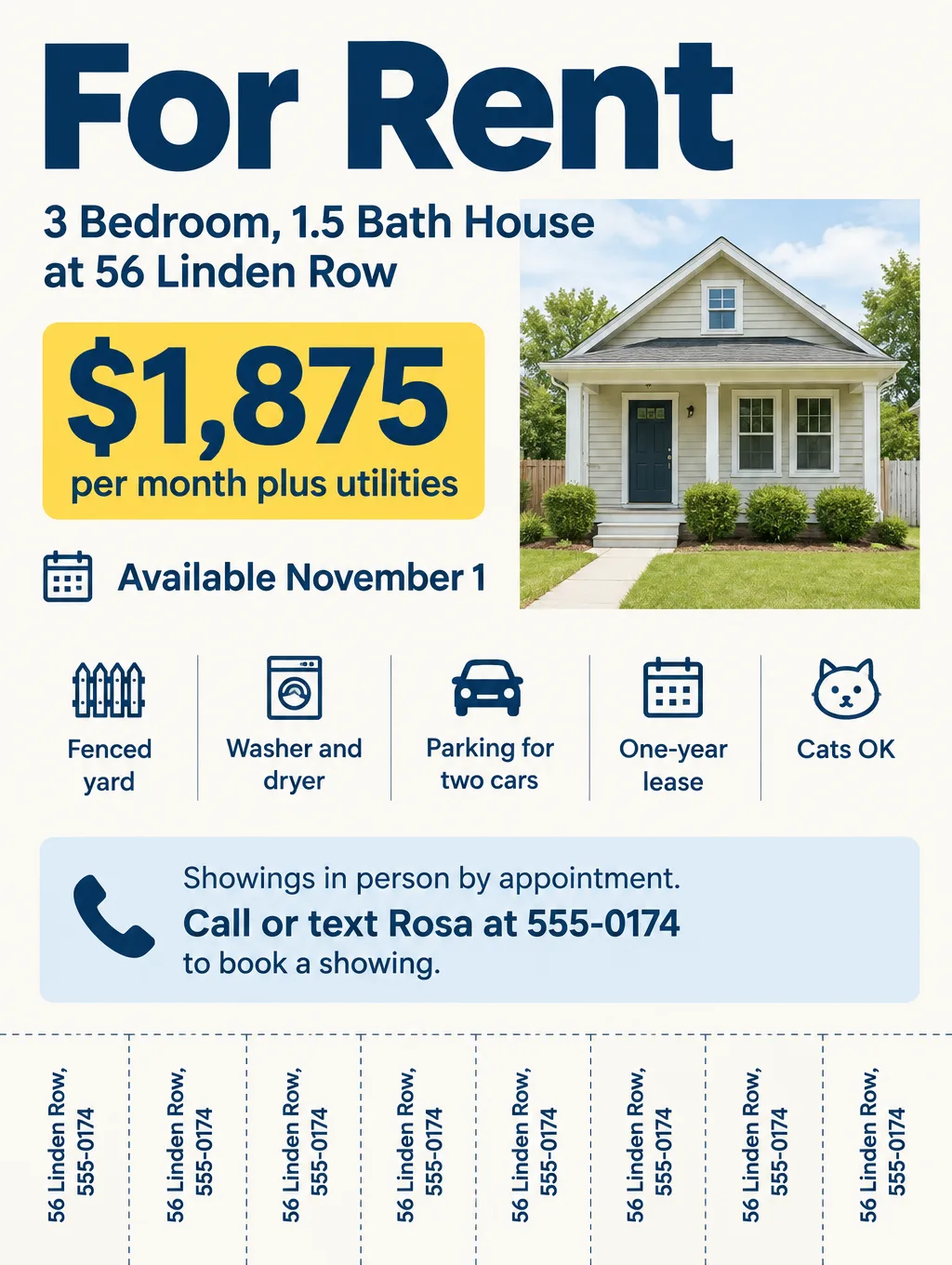 For Rent flyer for a 3 bedroom house at 56 Linden Row, $1,875 per month, with 8 tear-off phone tabs along the bottom