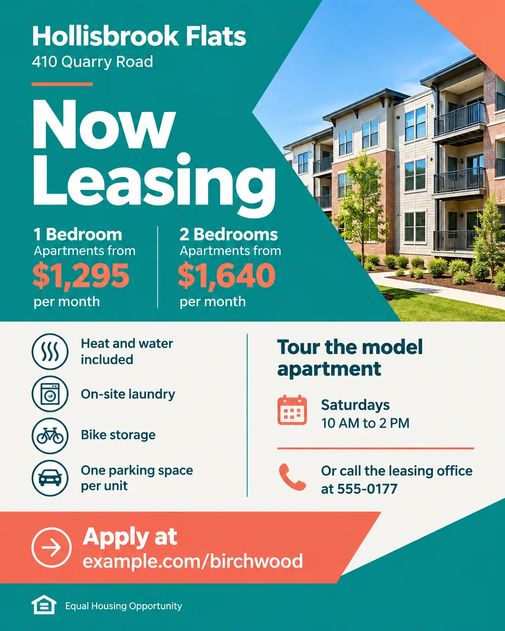 Now Leasing flyer for Hollisbrook Flats at 410 Quarry Road with 1 and 2 bedroom apartment prices and Saturday tour hours