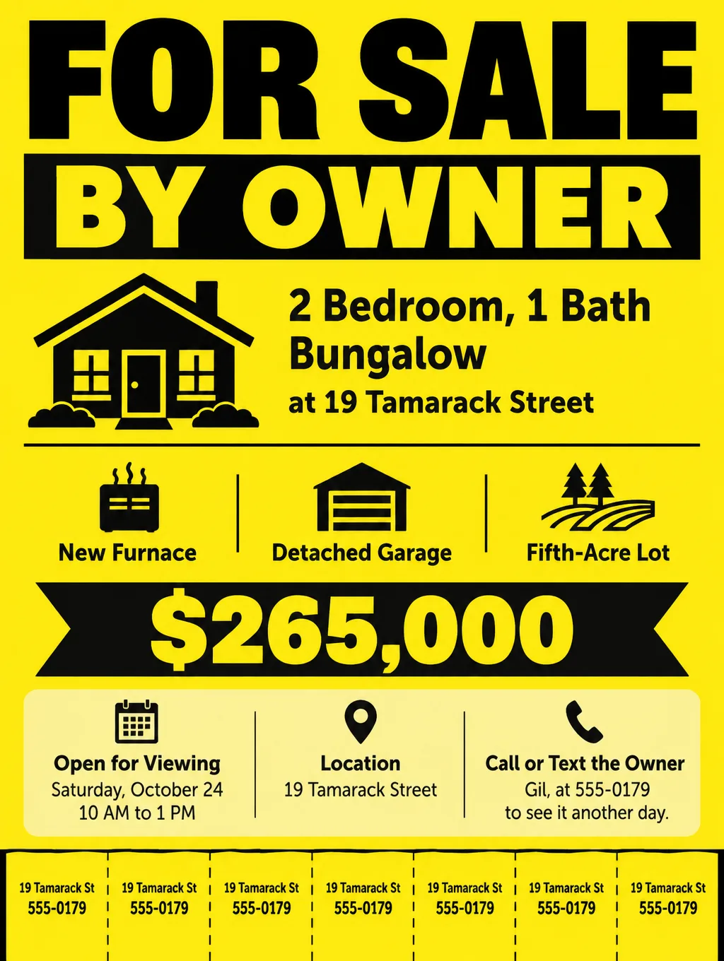 For Sale by Owner flyer for a 2 bedroom bungalow at 19 Tamarack Street, $265,000, open Saturday, October 24, with tear-off tabs