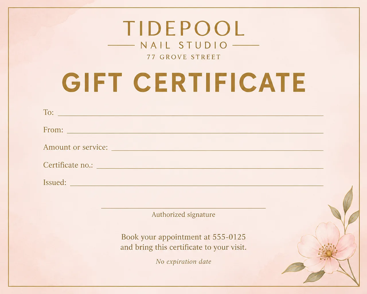 Blush pink and gold nail salon gift certificate with blank To, From, Amount and Certificate no. lines and a booking number