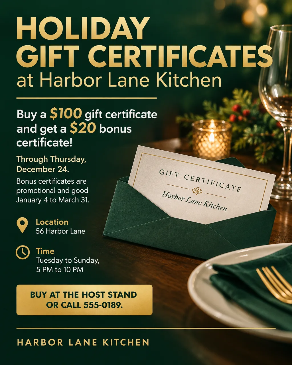Dark green and gold restaurant flyer advertising holiday gift certificates, buy $100 and get a $20 bonus, through December 24