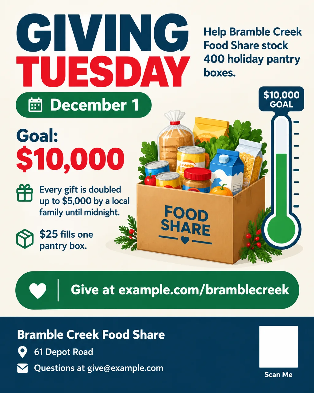 Giving Tuesday flyer for a food share with a goal thermometer at $10,000, a matching gift line and a blank QR square