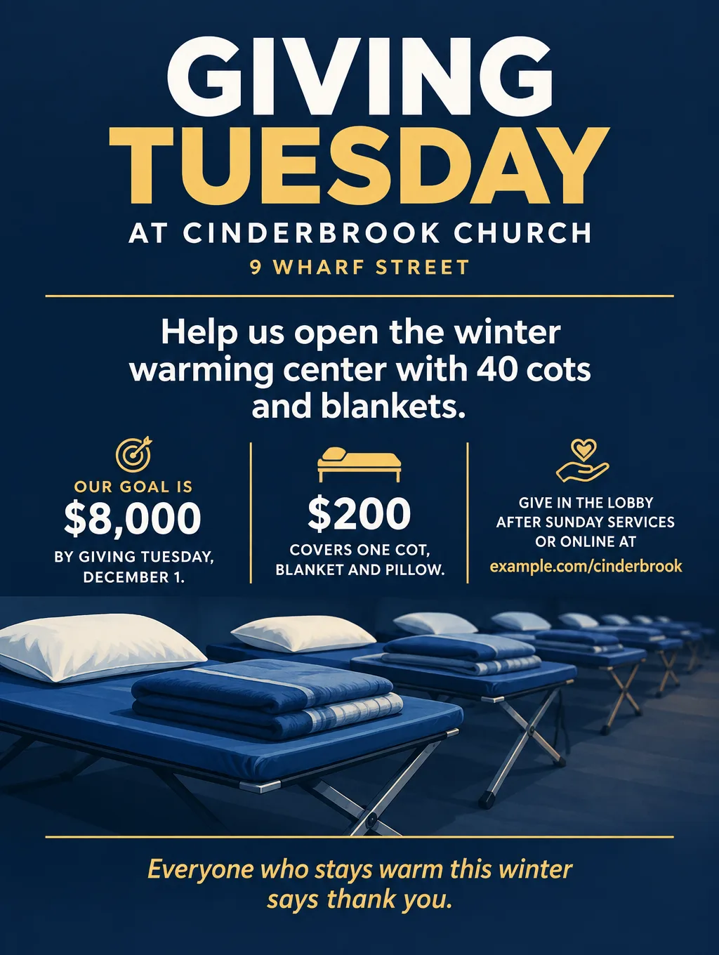 Navy and gold church Giving Tuesday flyer asking for $8,000 to buy 40 cots for a winter warming center