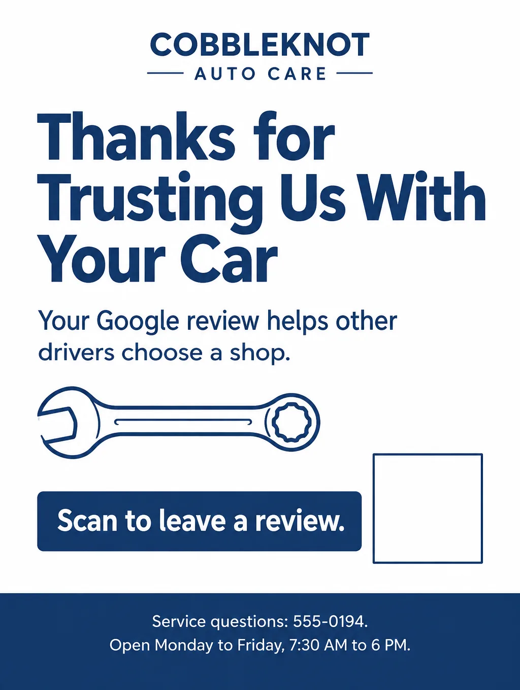 Auto repair thank-you card in navy and white with a wrench drawing, a review request and an empty QR code square